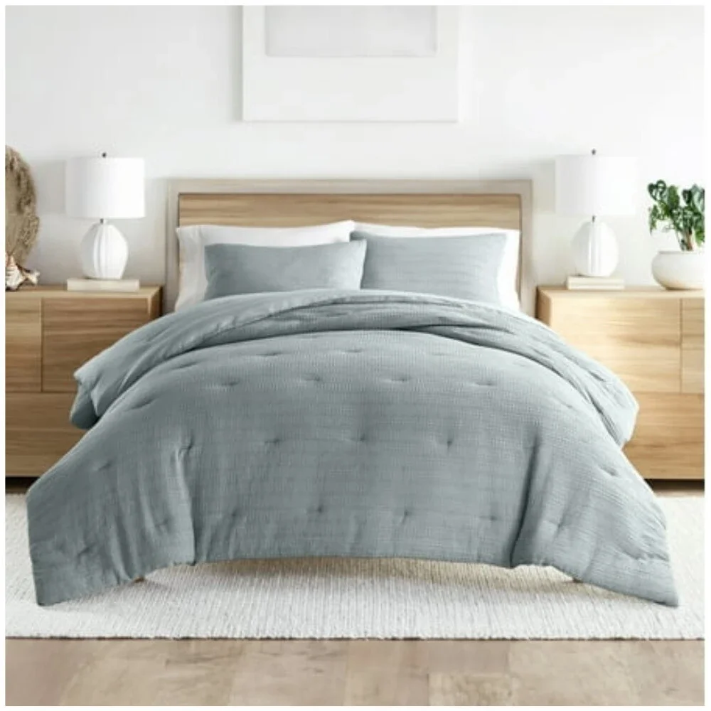 Ienjoy Home Comforter Set Full-Queen Light Blue Waffle Textured 3-Piece BED70